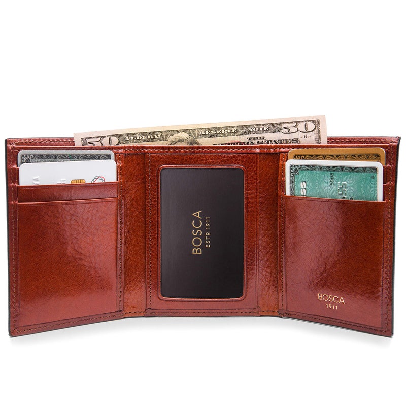 Bosca Men's Wallet, Old Leather Double I.D. Tri Fold Wallet with RFID Blocking, Cognac - Image 5